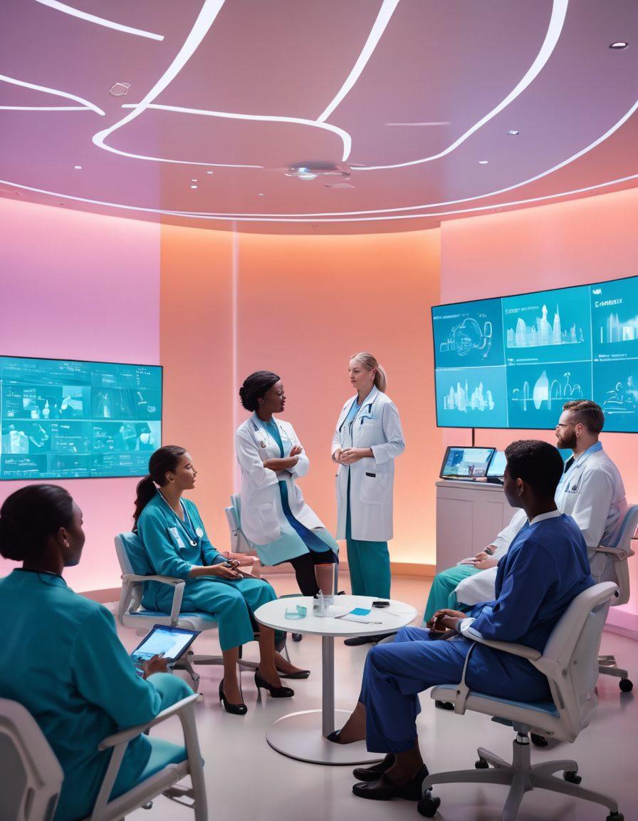 A serene scene depicting a diverse group of patients and healthcare professionals engaged in an interactive support session, surrounded by innovative technology like holographic displays of medical data and supportive resources. Soft light filters through a modern healthcare environment with calming colors, illustrating hope and empowerment in oncology care. The atmosphere conveys a sense of collaboration and progress. super-realistic. vibrant colors. warm tones.