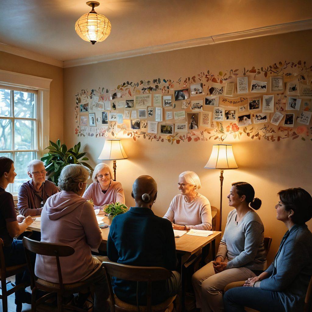 A heartwarming scene showcasing a diverse group of cancer survivors and their supporters gathered in a cozy, inviting room filled with soft lighting and inspirational quotes on the walls. One person is sharing their recovery story, while others listen attentively, radiating warmth and compassion. Include symbolic elements like healing hands, a ribbon representing awareness, and a potted plant symbolizing growth. The atmosphere should convey hope, resilience, and community. soft focus. vibrant colors. warm lighting.