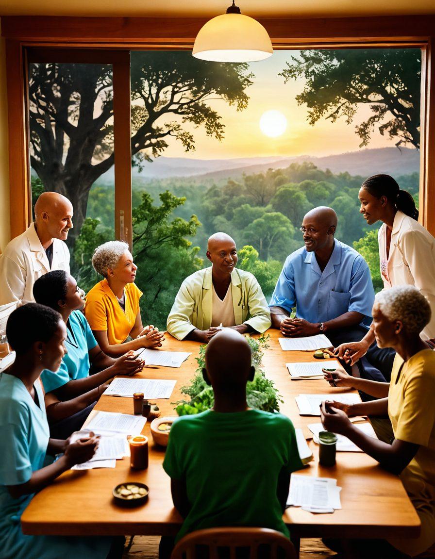A compassionate scene depicting a diverse group of cancer patients and advocates engaging in a supportive discussion around a table filled with holistic resources, such as herbal remedies, guidelines, and informational pamphlets. Soft lighting enhances a warm atmosphere, symbolizing hope and healing. In the background, silhouettes of nature and tranquil elements represent holistic healing. super-realistic. vibrant colors. warm tones.